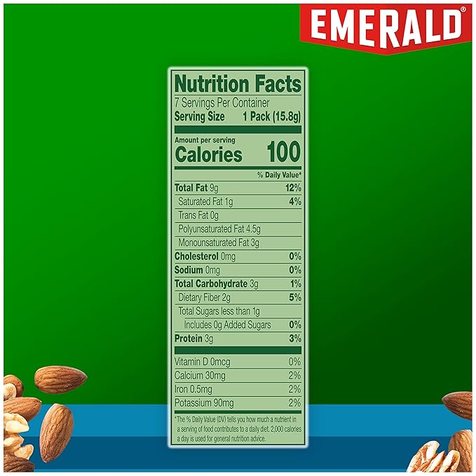Emerald Nuts Unsalted Almonds and Walnuts 7 Ct (1-Pack), 100-Calorie Individual Packs of Nut Blend, Kosher Certified, Non-GMO, Contains No Artificial Preservatives, Flavors or Synthetic Colors