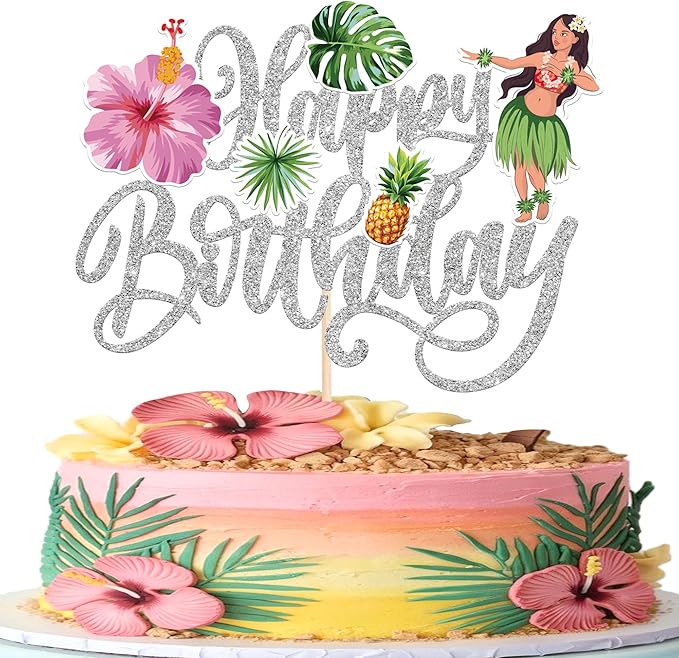 Rsstarxi 1 Pack Hawaii Luau Birthday Cake Topper Hula Aloha Turtle Leaves Cake Pick Hawaiian Cake Decorations for Summer Theme Baby Shower Birthday Tropical Party Decorations Silver
