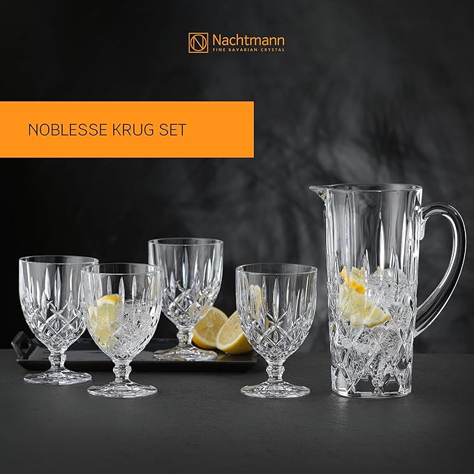 Nachtmann Noblesse Pitcher and Glasses Set | 5 Piece Set Includes 1 Pitcher and 4 All Purpose Glasses | Made of Clear Crystal Glass | Dishwasher Safe
