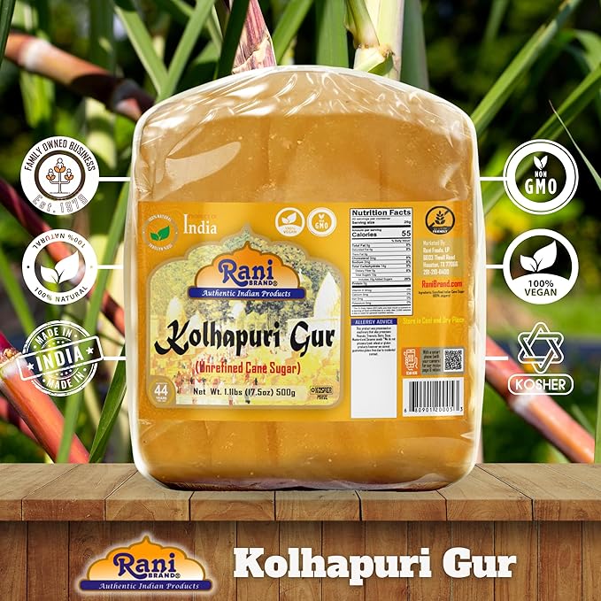 Rani Kolhapuri Gur (Jaggery) 17.5oz (1.1lbs) 500g ~ Unrefined Cane Sugar, No Color added, Gluten Friendly | Vegan | NON-GMO | Kosher | No Salt or fillers