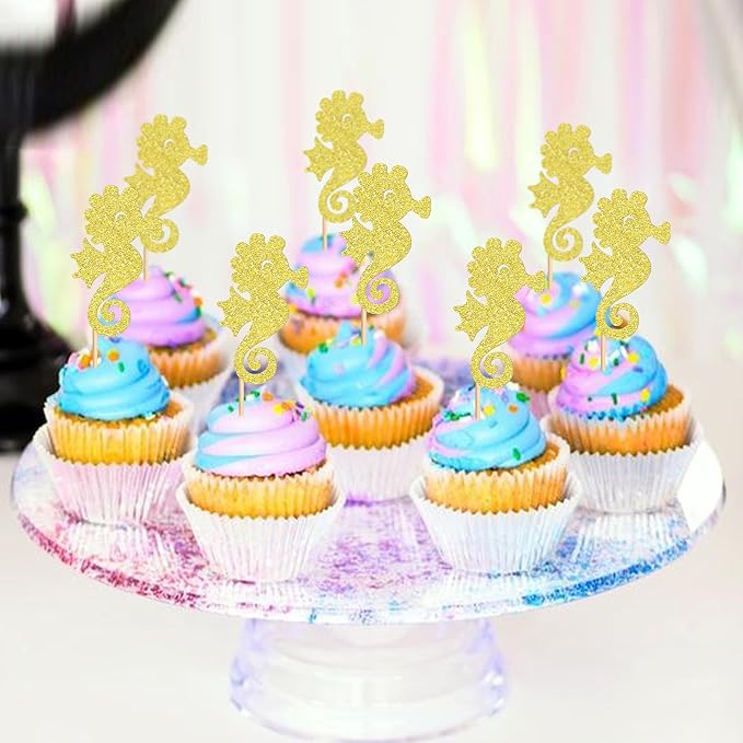 24 PCS Seahorse Cupcake Topper Ocean Themed Party Seahorse Cupcake Decorations Baby Shower Birthday Party Decorations