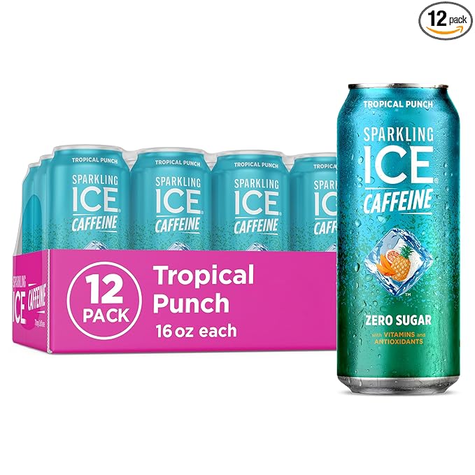 Sparkling Ice Caffeine Tropical Punch Sparkling Water with Caffeine, Zero Sugar, with Antioxidants and Vitamins,16 fl oz Cans (Pack Of 12)