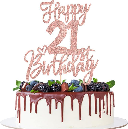 1 PCS Happy 21st Birthday Cake Topper Glitter Cheers to 21 Years Birthday Cake Pick Twenty One 21 Fabulous Cake Decoration for Happy 21st Birthday Anniversary Party Decorations Supplies Rose Gold