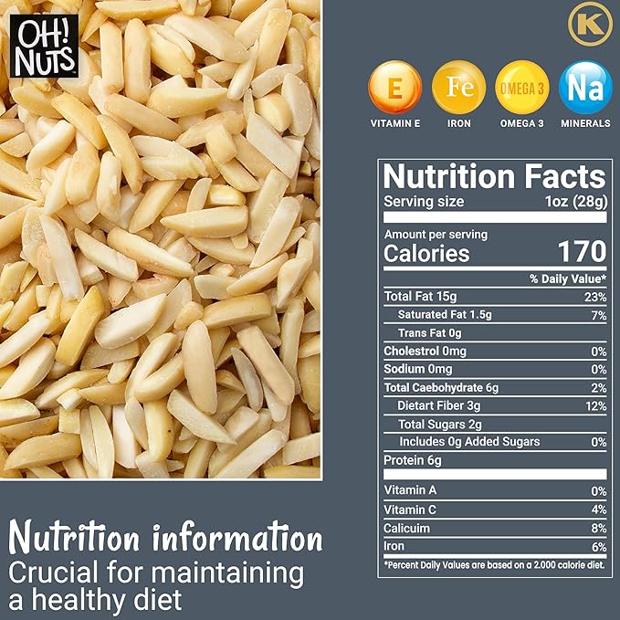 Oh! Nuts Almonds Blanched Slivered - Raw - 100% Natural - 1.5 lb - White Almond Sticks - Packed in New York Zip-Seal Bag for Exceptional Freshness