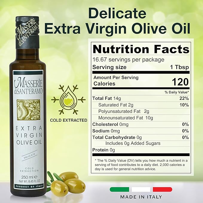 Delicate Italian Extra Virgin Olive Oil Cold Pressed - Light Olive Oil for Cooking and Frying, Imported from Italy - Masserie di Sant'Eramo - 8.45 Fl Oz (Pack 1)