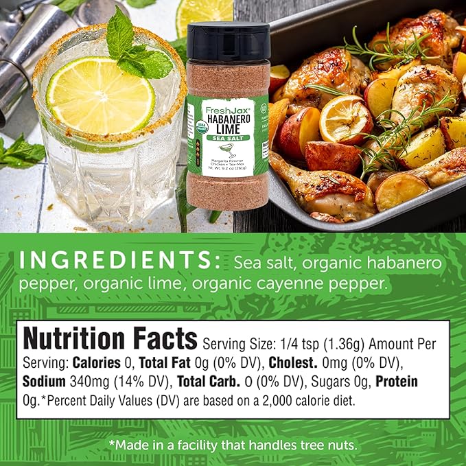 FreshJax Organic Spicy Habanero Lime Seasoning Sea Salt ??9.2?¯oz Large Bottle Hot Sea Salt, Non?‘GMO, Gluten?‘Free, Keto, Paleo ??No Preservatives ??Bold Citrus Heat for Cocktail Rimmer