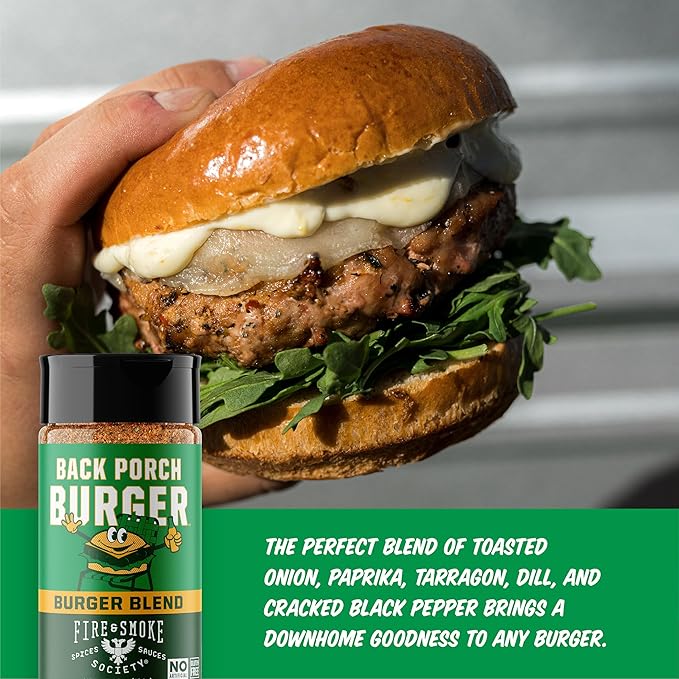 Fire & Smoke Back Porch Burger Seasoning | BBQ Rub for Smoking and Grilling Meat | Beef, Pork, Chicken, Turkey, Veggie | BBQ Rubs and Spices | Brown Sugar, Onion, Paprika, Black Pepper | M 6.5 oz