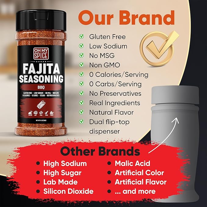 Fajita Seasoning Mix BBQ Rub - Gluten Free & Low Sodium Mexican Seasoning Blend for Meat, Vegetables, Steak & Chicken Fajita. Barbecue Powder Flavor Spices. Fajitas Seasonings Spice. Taco Mix. 4.1oz
