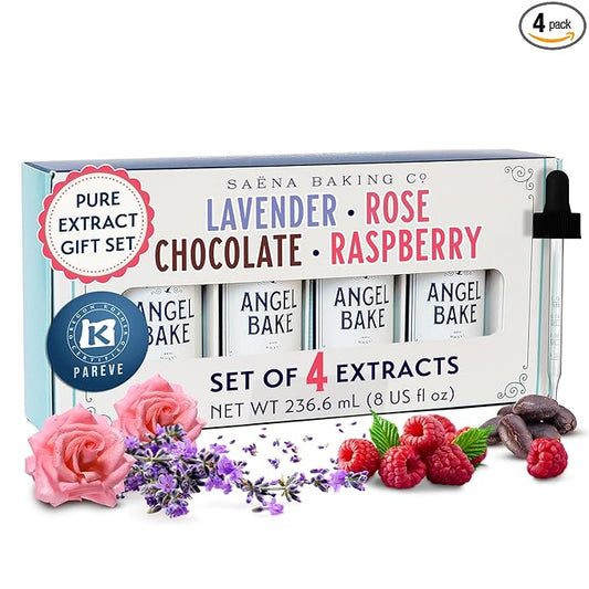 Pure Chocolate, Oregon Raspberry, Bulgarian Rose & Lavender Extract Set ??Gift for Bakers & Home Chefs ??Desserts & Beverages??Kosher, Keto Friendly, Vegan (4 Pack, 2oz Extracts w/ Latex-Free Dropper)