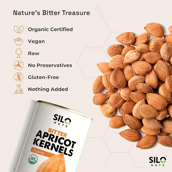 SILO Nuts Organic Bitter Apricot Kernels - USDA Certified Organic Bitter Apricot Seeds - Natural & Non-GMO, Premium Quality Kernals, No Sulfur or Additives - 16 oz