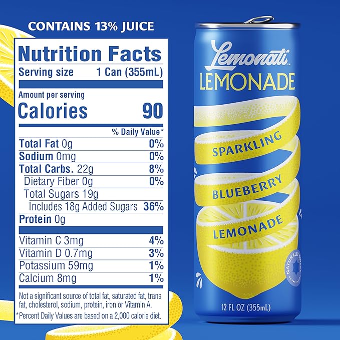 Lemonati Lemonade Sparkling Blueberry Lemonade, No Artificial Sweeteners or Flavoring, Gluten-Free