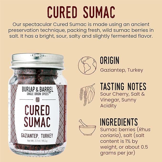 Burlap & Barrel Cured Sumac - Bright, Sour, Salty, Slightly Fermented Spice - Ground Sumac for Cooking - Savory Tartness - As Seen On Shark Tank - 2.3oz Glass Jar