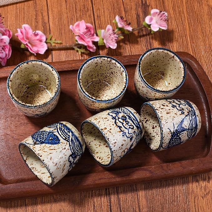 Porcelain Sake Cups of 6, Set of Cups for Japanese Wine Sake