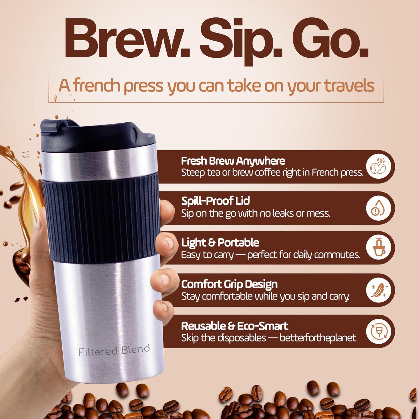 15oz Stainless Steel Travel French Press, Insulated Coffee Tea Mug, Silver