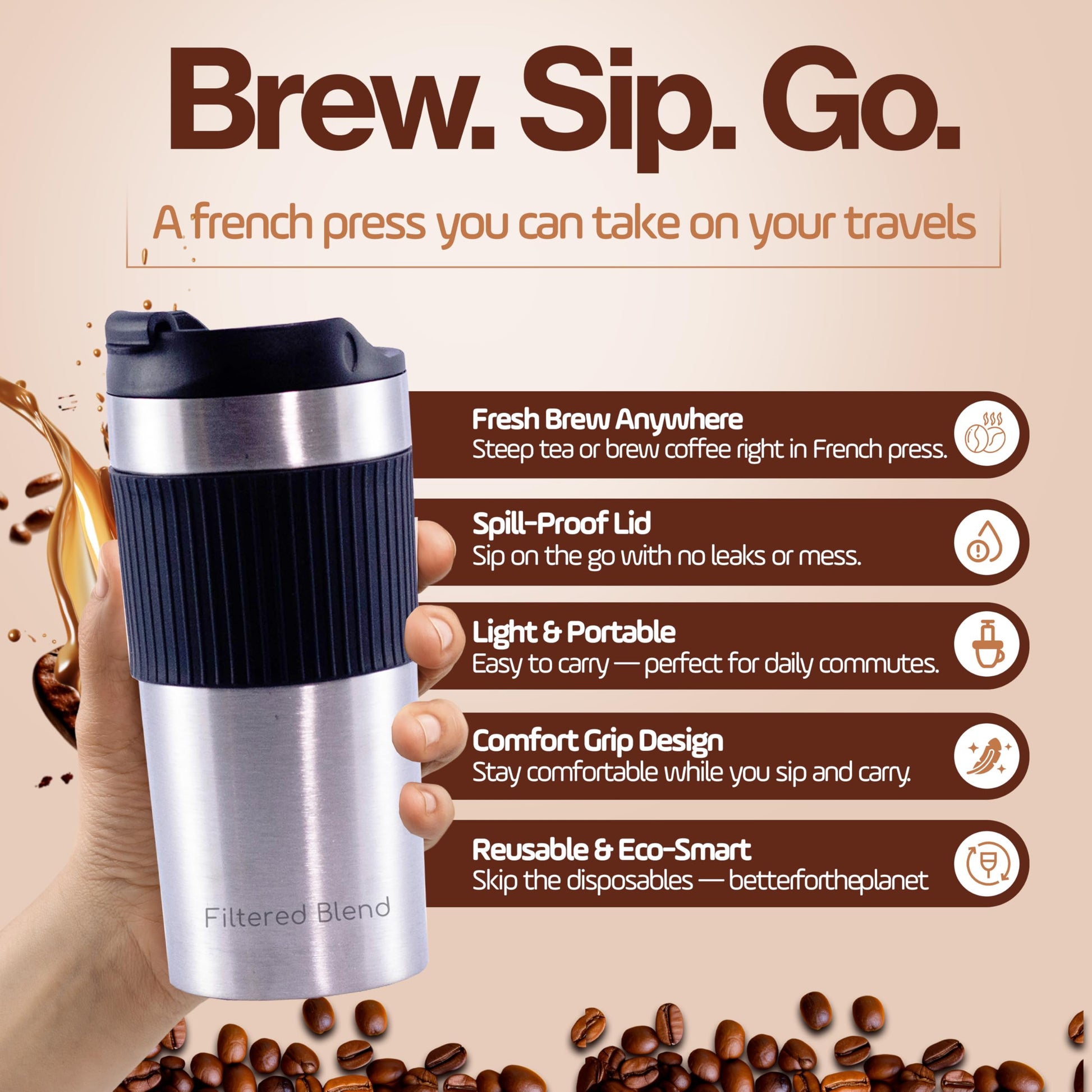 15oz Stainless Steel Travel French Press-Insulated Coffee Mug-Tumbler Black