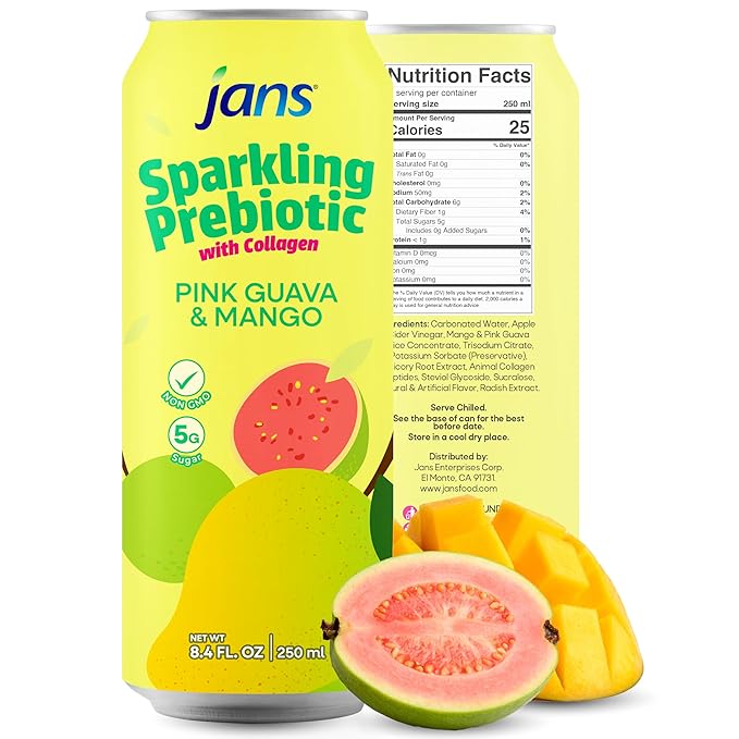 Jans Sparkling Prebiotic with Collagen Soda Beverage ??Pink Guava & Mango 8.4 Fl Oz (6-Pack) ??Low Calorie, NO Added Sugar, Non-GMO Sparkling Fruit Beverage, Gut Health Support