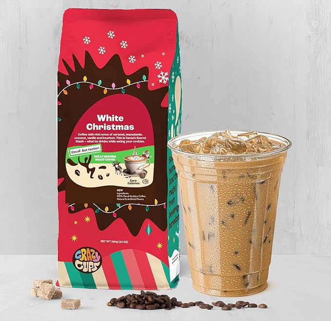 Crazy Cups Flavored Ground Decaf Christmas Coffee, Decaffeinated White Christmas Coffee in 10 oz Bag, For Brewing Flavored Hot or Iced (Pack of 1)