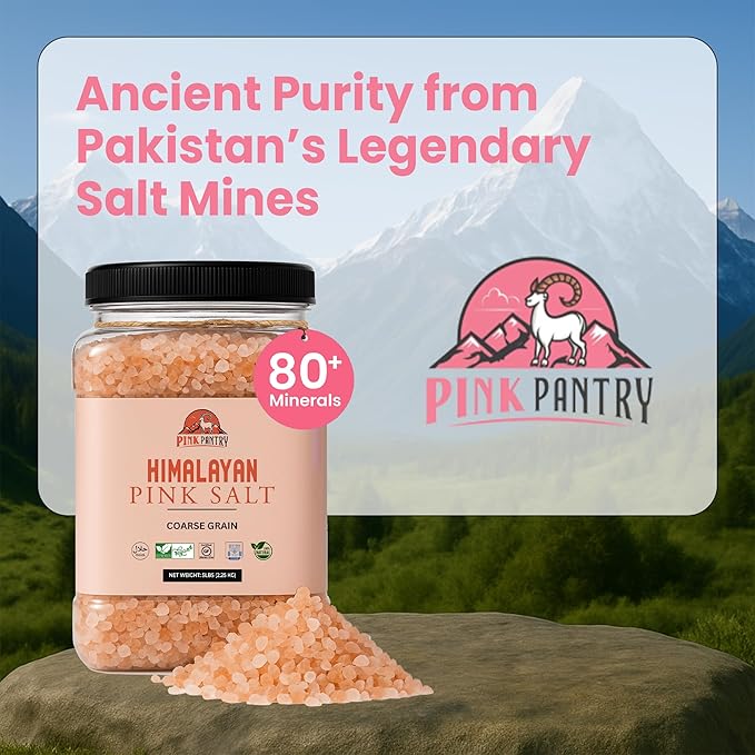 Pink Pantry Himalayan Pink Salt, 100% Pure Himalayan Salt, Non-GMO, Kosher Certified, No Additives, Ideal for Cooking, Seasoning & Gourmet Dishes, Rich in Trace Minerals, 5lb Jar, Coarse Grain