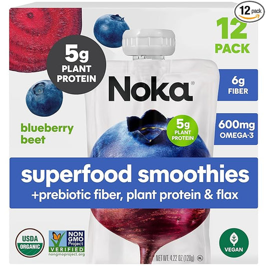 Noka Superfood Fruit Smoothie Pouches, Blueberry Beet, Healthy Snacks with Flax Seed, Prebiotic Fiber and Plant Protein, Vegan and Gluten Free, Organic Fruit & Veggie Squeeze Pouch, 4.22 oz, 12 Count