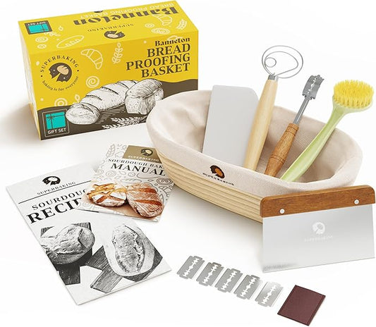Superbaking 10" Oval Banneton Bread Proofing Basket Gift Set ??Sourdough Starter Kit for Crusty Artisan Style Loaves, Includes Essential Bread Baking Supplies & Tools - Ideal Gift for Bakers