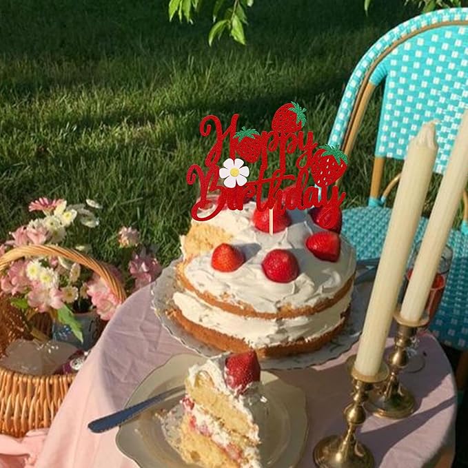 1 Pack Happy Birthday Cake Topper Glitter Strawberry Cake Pick for Fruit Theme Baby Shower Kids Birthday Party Strawberry Fruit Party Cake Decorations Supplies