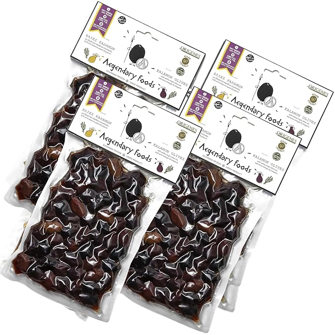 Pack of 4 Kalamon Olives in Vacuum Pack, Kalamata Olives with Greek Oregano and Red Wine Vinegar, Freshly Sealed Olives Kalamata with Extra Virgin Oil 4X200g