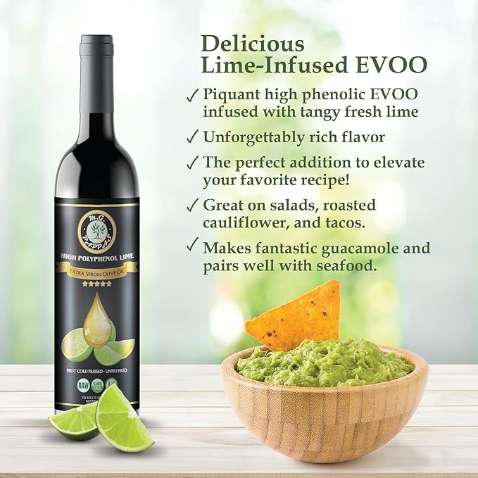 M.G. PAPPAS High Polyphenol Rich Lime Infused Olive Oil Extra Virgin - Over 500mg/kg - Unfiltered Cold Pressed Greek EVOO - Award Winning - Cooking Lime Oil ??12.7 Oz 375ml