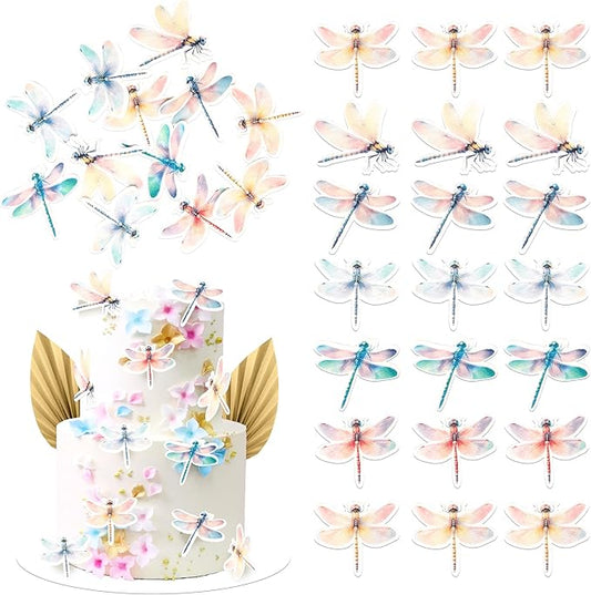 Rsstarxi 60 Pack Dragonfly Edible Cake Toppers Rice Paper Insect Themed Cupcake Picks for Baby Shower Birthday Wedding Anniversary Party Cake Decorations Supplies