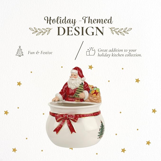 Spode Christmas Tree Candy Bowl - 7.5-Inch Earthenware Bowl for Candy, Nuts, Potpourri, Holiday Decor - Food-Safe Decorative Design with Santa and Tree Motif - Christmas Gift, Festive Tabletop Accent