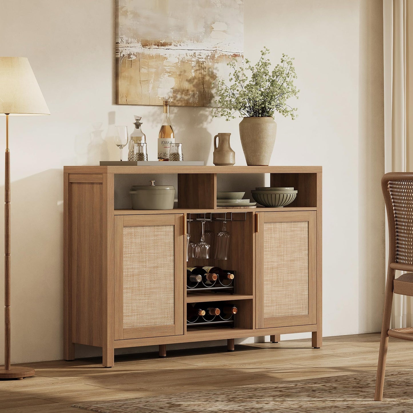 SICOTAS 51" Coffee Bar Cabinet with Storage, Rattan Bar Cart Liquor Cabinet