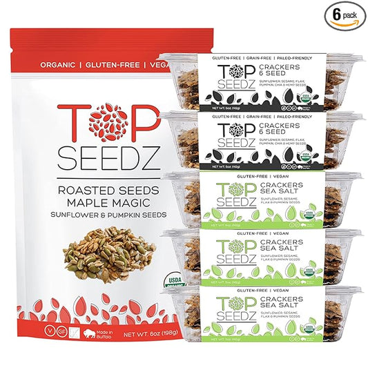 Top Seedz Deluxe Organic Gluten Free Vegan Crackers and Roasted Seeds Bundle | 1 Pouch of Maple Magic Roasted Seeds | 3 Packs of Sea Salt Crackers | 2 Packs of 6-Seed