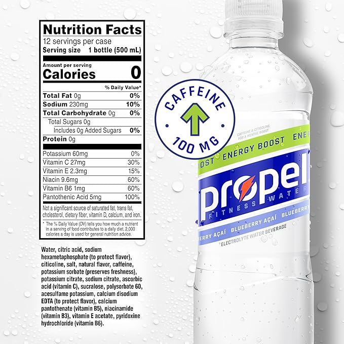 Propel Energy Boost Zero Calorie Flavored Water With Electrolytes and Caffeine, Blueberry Acai