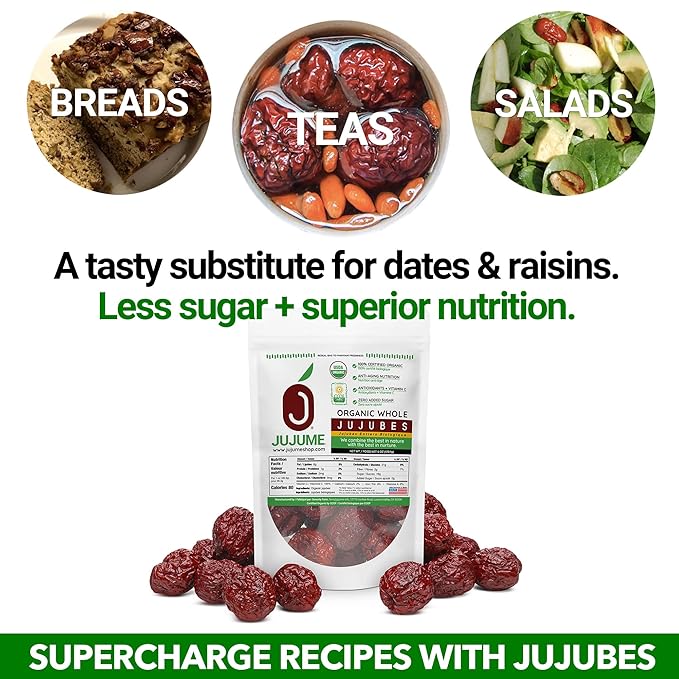 JUJUME | USDA Organic California Grown Jujubes Red Dates | Individually Sorted 3X for QA | High Grade Superfood | Healthy Dried Fruit | Certified All-Natural Non-GMO | 4-pack 6 oz bags