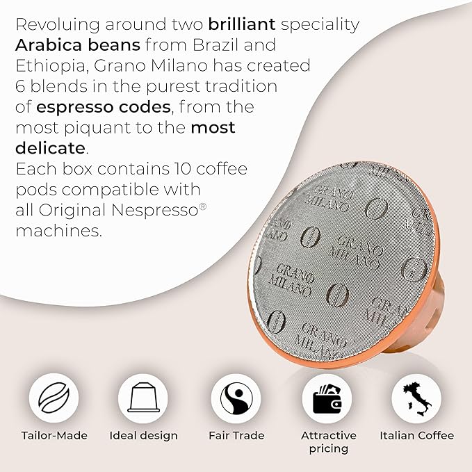 Grano Milano Lungo - 50 Espresso Pods Compatible with Nespresso Original line, 100% Arabica Medium Roast - Intensity 7/12, Coffee Capsules Made in Italy Espresso Coffee