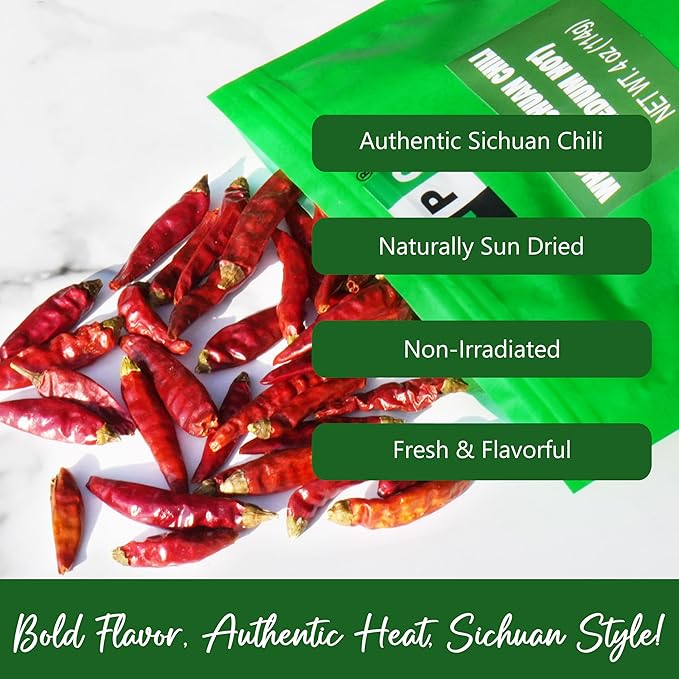 NPG Sichuan Red Chili Peppers 4 Ounces, Medium Hot, Premium Szechuan Dried Red Chilies for Chili Oil, Paste, and Sauce, Used in Mexican, Chinese, Thai Dishes