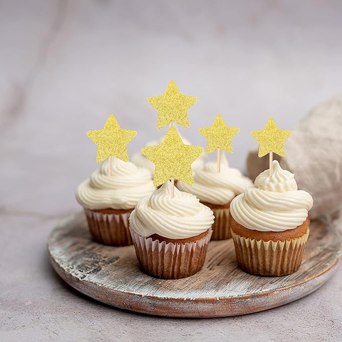 30 PCS Star Cupcake Toppers Glitter Assembled Twinkle Star Cupcake Picks Wedding Engagement Bridal Shower Birthday Party Cake Decorations Supplies Mixed Size Gold