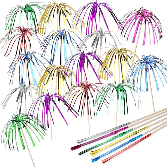 Rsstarxi 100 Pack Firework Cupcake Toppers 4th of July Cupcake Toppers Firework Cocktail Picks Foil Frill Toothpicks Holiday Cake Decorations for New Years Graduation Halloween Party Decorations