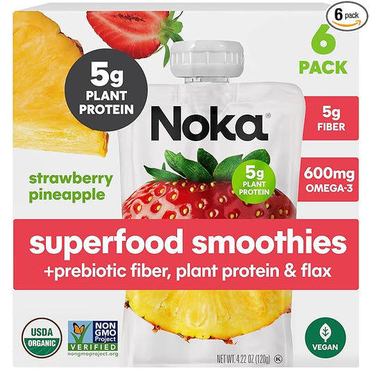 Noka Superfood Fruit Smoothie Pouches, Strawberry Pineapple, Healthy Snacks with Flax Seed, Prebiotic Fiber and Plant Protein, Vegan and Gluten Free, Organic Squeeze Pouch, 4.22 oz, 6 Count