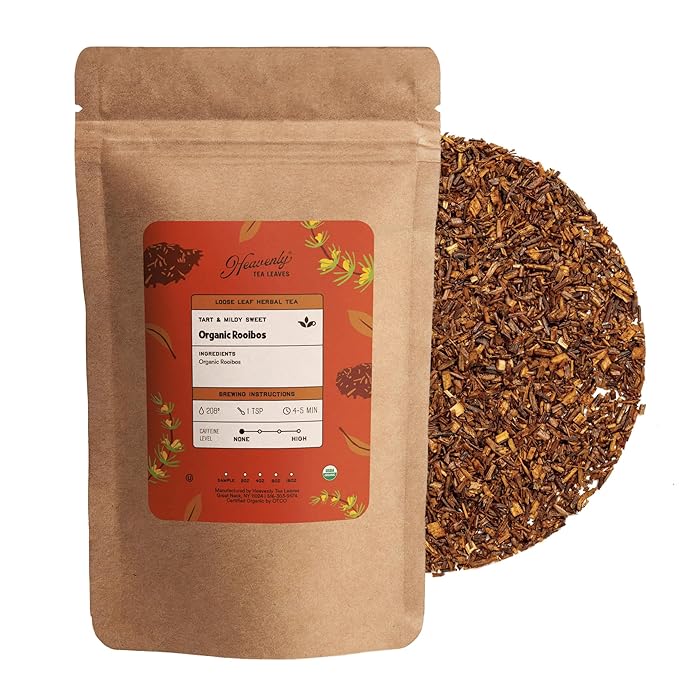 Heavenly Tea Leaves Organic Rooibos, Loose Leaf Herbal Tea, 4 oz. (Approx. 50 Cups of Tea) - Naturally Caffeine-Free, South African, Red Bush, Feel Calm, Boost Immunity
