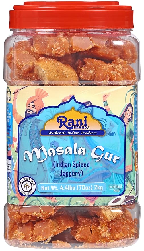 Rani Masala Gur (Jaggery) Indian Unrefined Raw Cane Sugar 70oz (4.4lbs) 2kg PET Jar ~ Gluten Friendly | Vegan | NON-GMO | No Salt or fillers | Indian Product