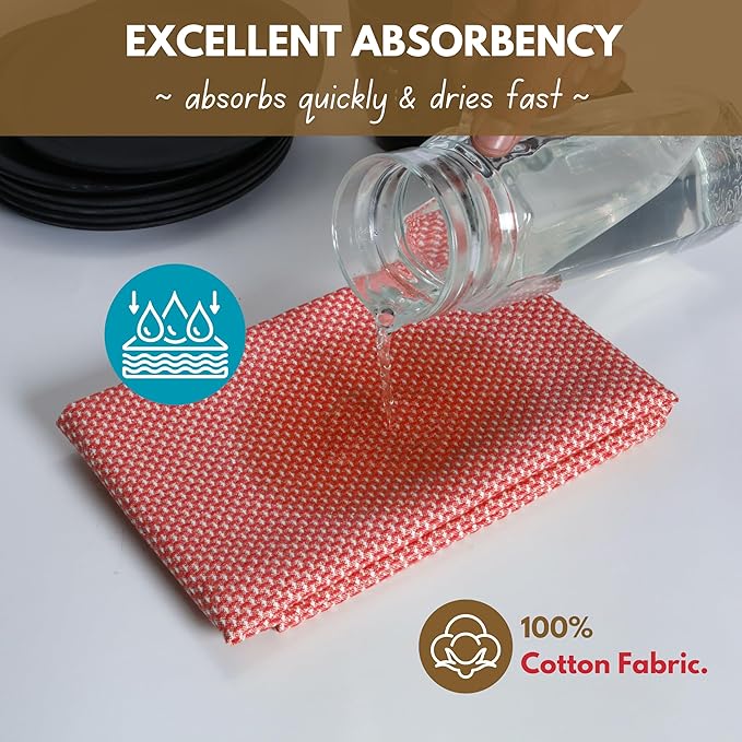 Native Fab 4 Pack Dotted Pattern Kitchen Dish Towels Cotton Super Absorbent Quick Drying Reusable 18x26 Inches - Bar Hand Towels, Kitchen Cleaning Towels with Hanging Loop, Red