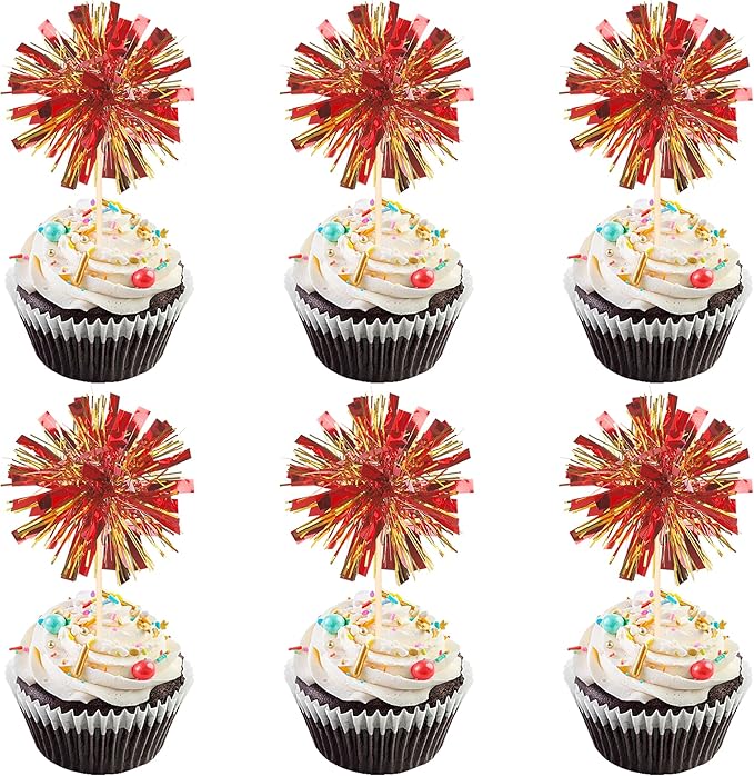 30 PCS Foil Firework Cupcake Toppers Sparkle Tinsel Cupcake Picks Happy Birthday Cake Decorations Drink Stirrers Cocktail Food Fruit Toothpicks for Baby Shower Graduation Party Supplies Red Gold