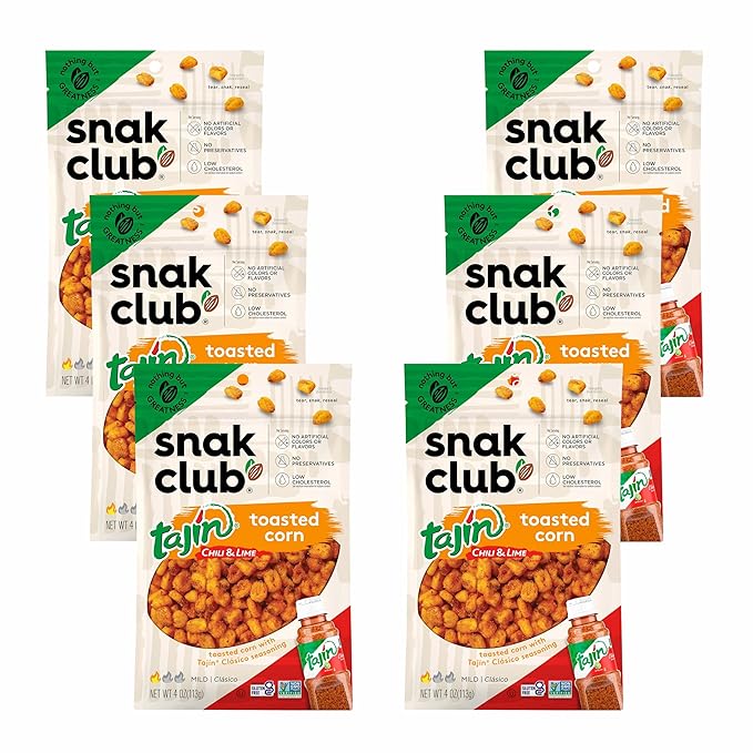 Snak Club Tajin Toasted Corn, Roasted Corn Nuggets with Chili and Lime Seasoning, Mild, Non-GMO, Gluten-Free, Kosher Snack, No Artificial Colors or Flavors, 4 oz Resealable Bags, 6 Pack