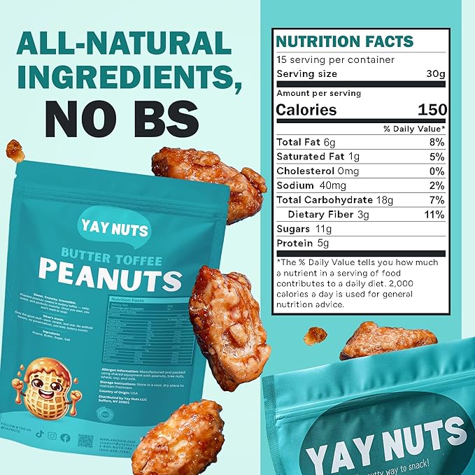 YAY NUTS Butter Toffee Peanuts ??All-Natural Sweet & Salty Snack, Crunchy Roasted Peanuts Coated in Rich Caramelized Butter Toffee, Made in USA, Guilt-Free Snacking with Real Ingredients - 16oz (450g)