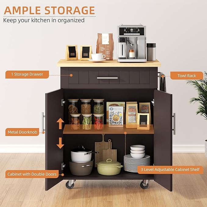 Shintenchi Kitchen Island cart with Storage, Portable Bar Cabinet on Wheels, Rolling Microwave Cart Side Table with Workstation for Kitchen, Dinning Room, Brown