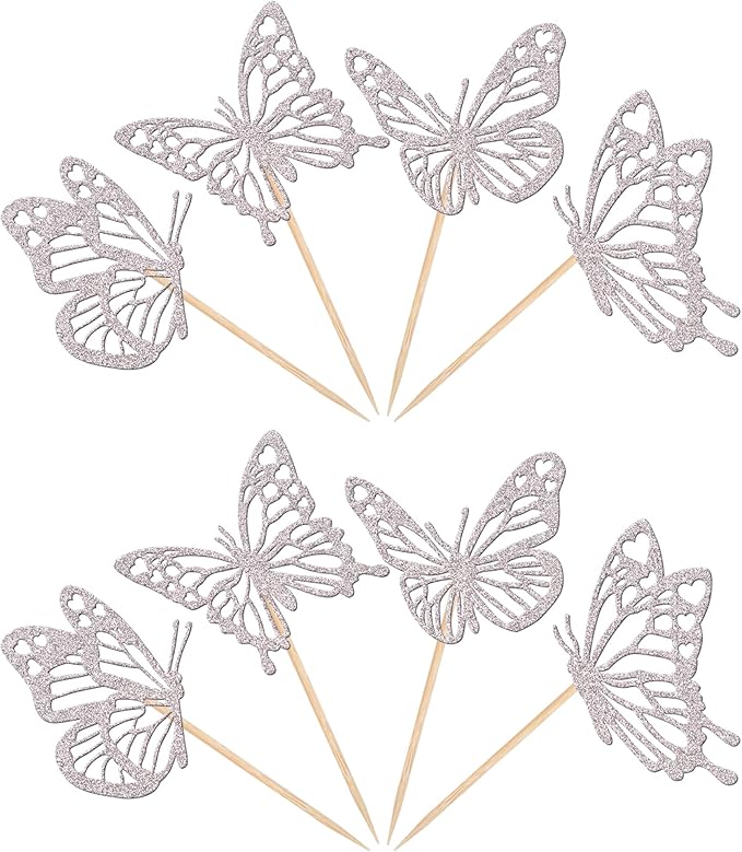 Rsstarxi 24 Pack Butterfly Cupcake Toppers Glitter Assembled Hollow Butterfly Baby Shower Cupcake Picks Wedding Engagement Bridal Shower Kids Birthday Party Cake Decorations Supplies Silver