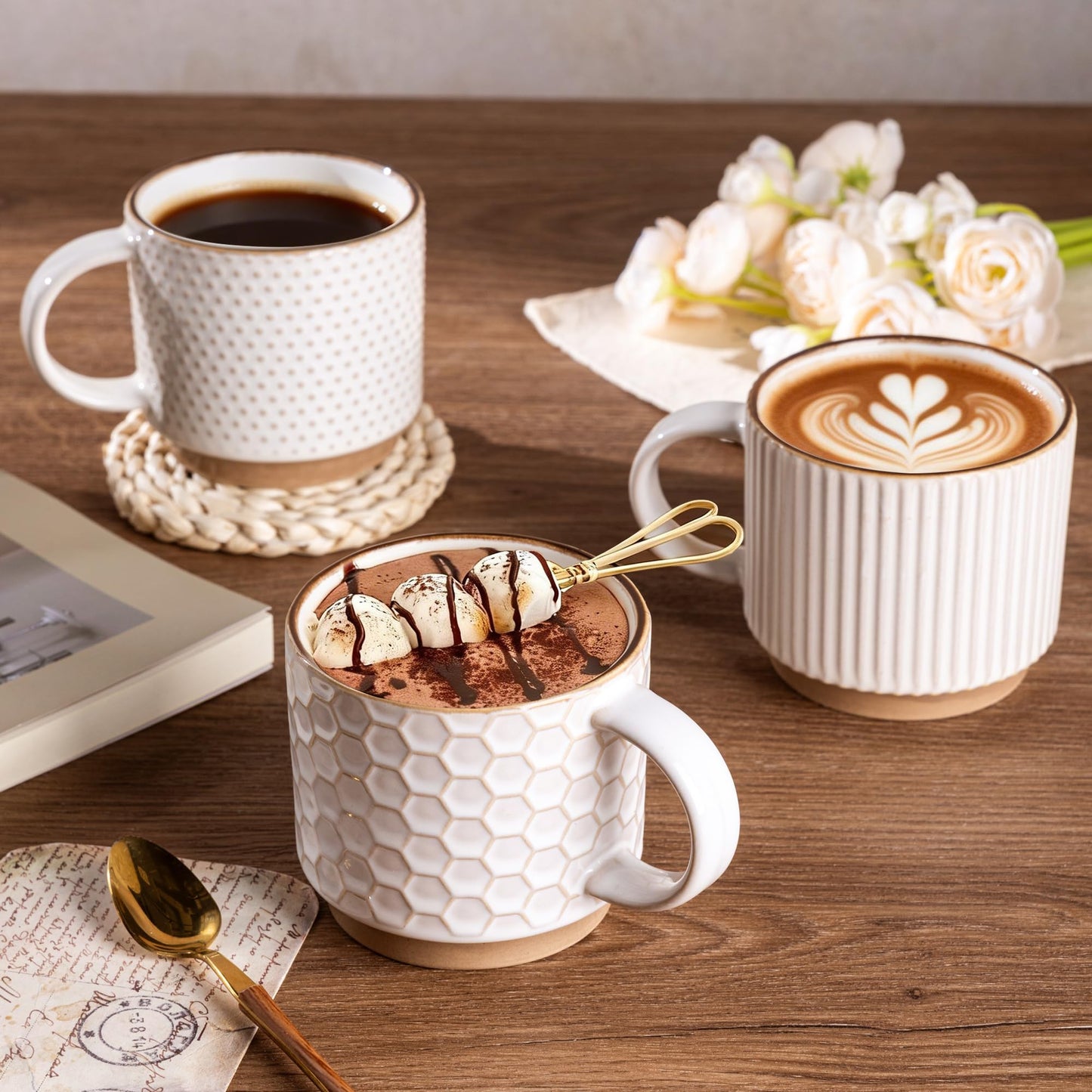 GBhome 12 OZ Stackable Coffee Mugs Set of 4, Ceramic Coffee Cups Set