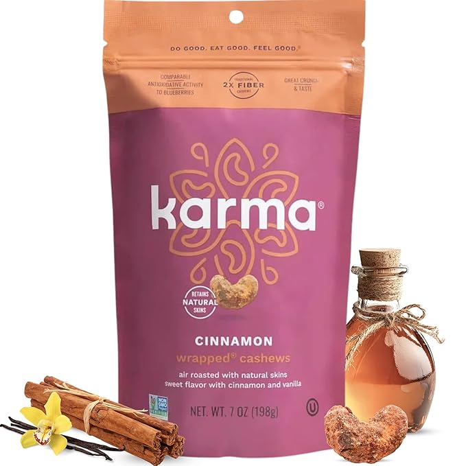 Cinnamon Wrapped Whole Cashews by Karma Nuts, Sweet & Savory, Air Roasted with Natural Skins, 2X more Fiber, Peanut-Free Facility, Kosher, Everyday Nut Snack, 7oz Resealable Bag