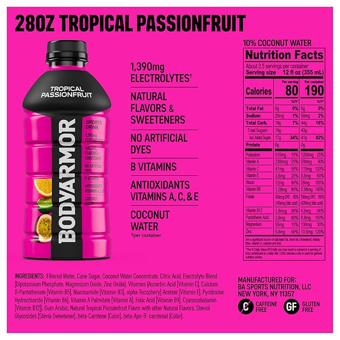 BODYARMOR Sports Drink Sports Beverage, Tropical Passionfruit, Coconut Water Hydration, Natural Flavors With Vitamins, Potassium-Packed Electrolytes, Perfect For Athletes, 28 Fl Oz (Pack of 15)