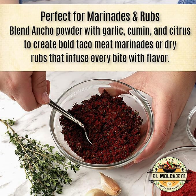 Ancho Chile Powder 4 oz Premium Single Ingredient From Mexico El Molcajete Brand for Sauces, Salsa, Pasta, Chili, Meat, Pizza, Potatoes, Vegetables, Soups, Stews, Chicken and BBQ